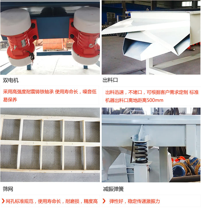 直線振動篩優(yōu)勢：雙電機(jī)：采用高強(qiáng)度耐震鑄鐵軸承 使用壽命長，噪音低，易保養(yǎng) 出料口：出料迅速，不堵口，可根據(jù)客戶需求定制 標(biāo)準(zhǔn)機(jī)器出料口離地距離500mm 篩網(wǎng)：網(wǎng)孔標(biāo)準(zhǔn)規(guī)范，使用壽命長，耐磨損，精度高 減振彈簧：彈性好，穩(wěn)定傳遞激振力