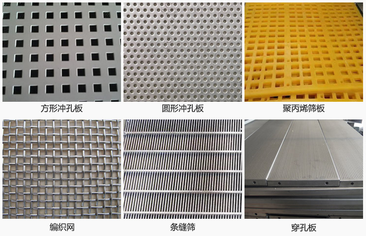 直線振動篩篩網(wǎng)分方形沖孔板，圓形沖孔板，聚丙烯篩板，編織網(wǎng)，條縫篩，穿孔板等。